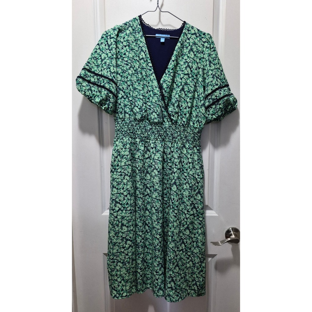 Draper James RSVP Green Floral Faux Wrap Smocked Midi Dress Womens Medium